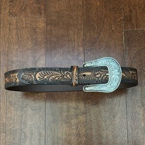 Beautiful Embossed Brown Leather Belt from Angel Ranch with Silver Buckle